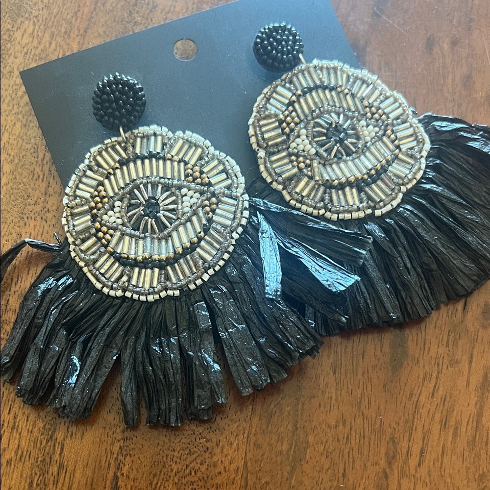 Beaded Fringe Evil Eye Earrings - Black & Silver
